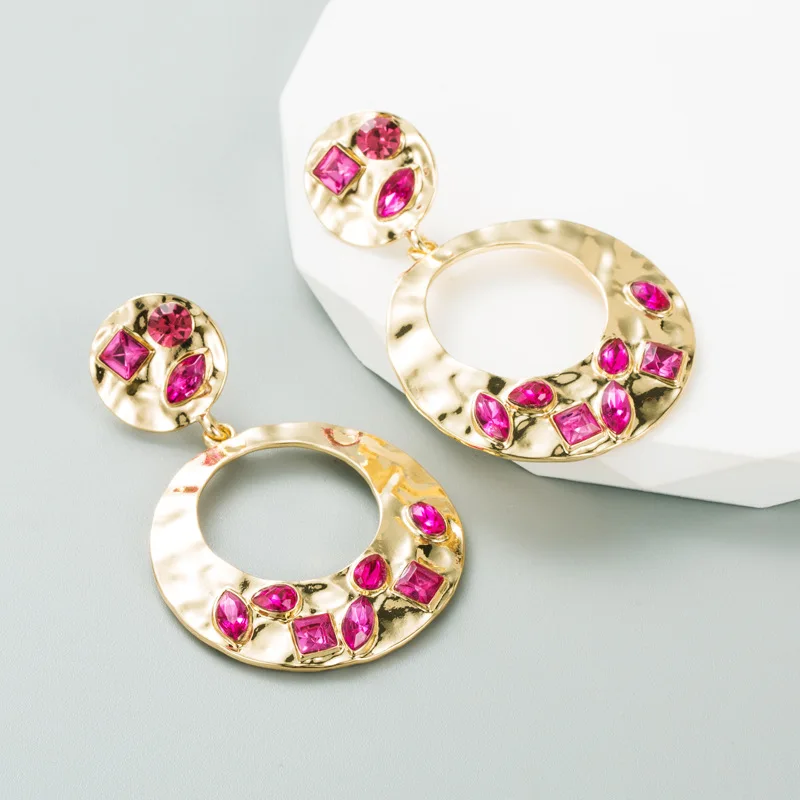 

Vintage Big Round Loop Earrings Jewelry with Colorful Fuchsia Crystals Drop Earring Women Gifts