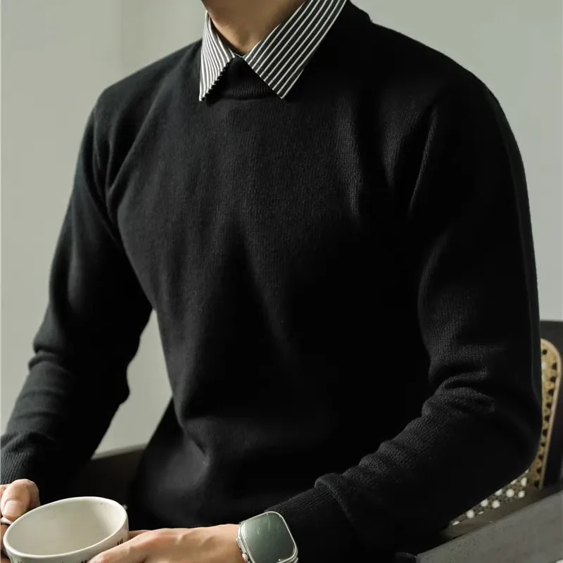 Вязаный свитер Mem с тканым воротником рубашки и вязаным боди утолщенный в полоску