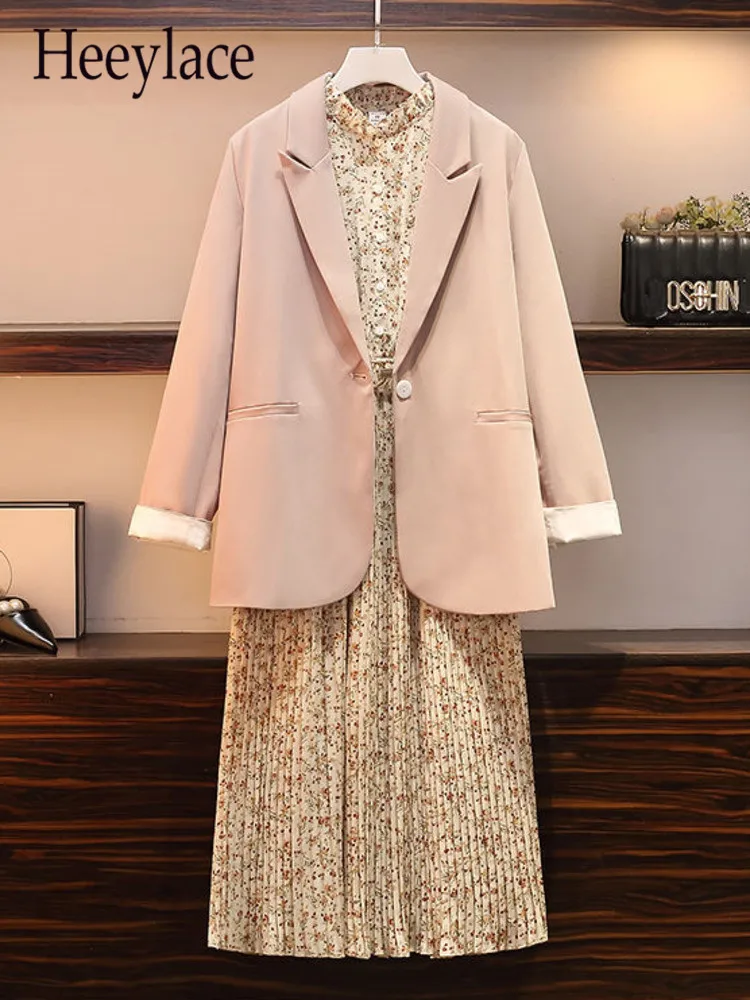 

Женский офисный комплект из двух предметов, элегантный розовый пиджак и плиссированные платья с длинным рукавом в Корейском стиле