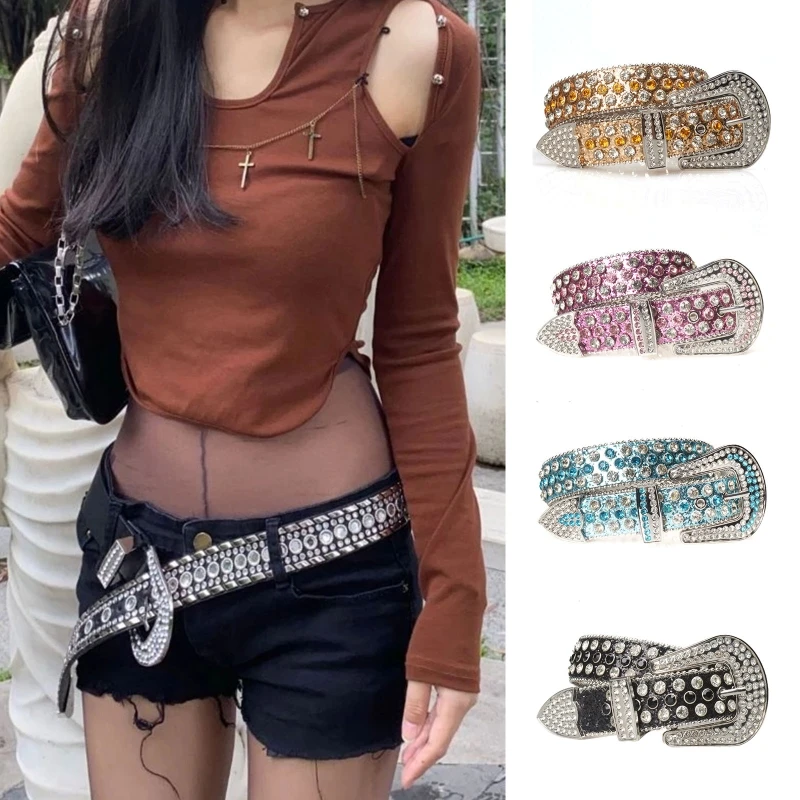 

Goth Punk Rhinestone Belts Women PU Leather Strap Crystal Belts Western Cowboy Y2K Girls Wide Waist Belt Jeans Accessories