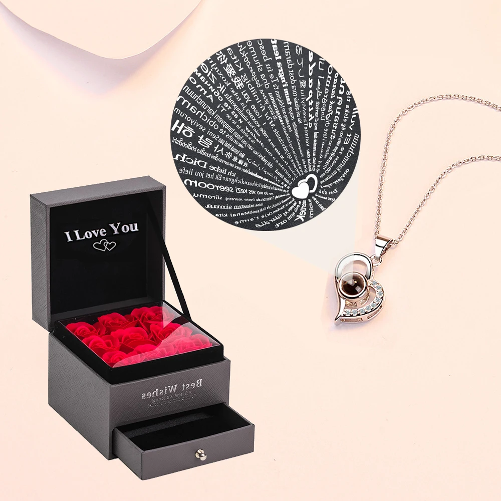 

Heart Zircon Necklace 100 Languages I Love You Projection Pendant For Women Roses Flower Gift Box 2023 New Romantic Accessories