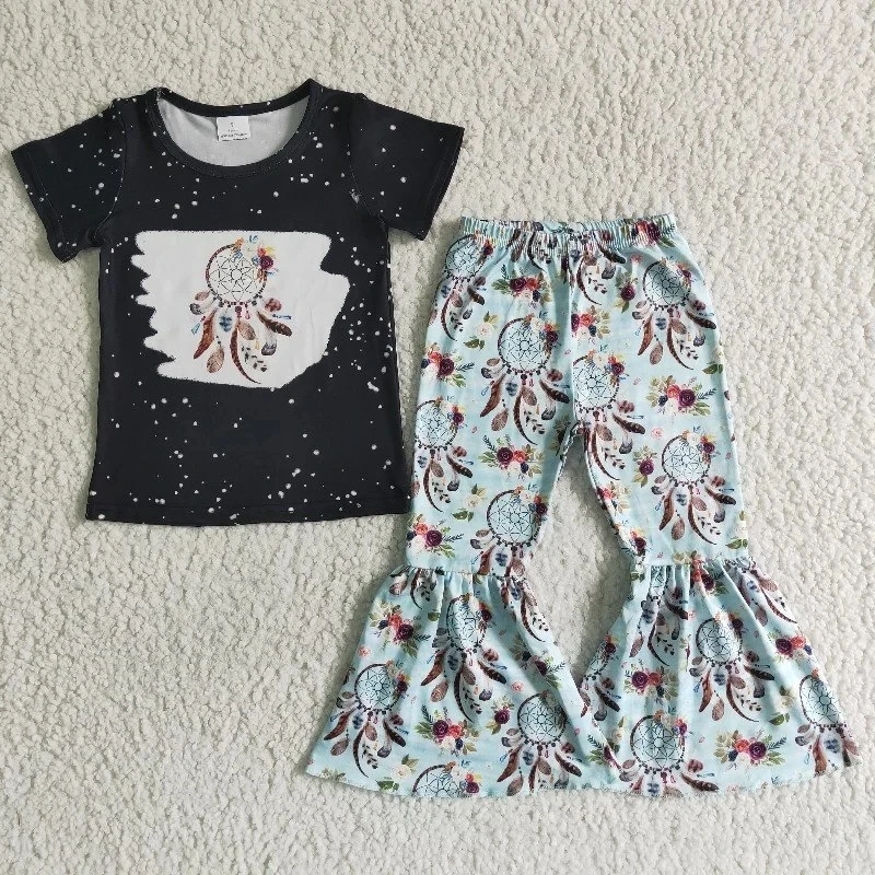 

children baby girls boutique Dreamcatcher Clothing Toddler sets Kids wholesale fashionable Black tie dye shirt bell pants outfit