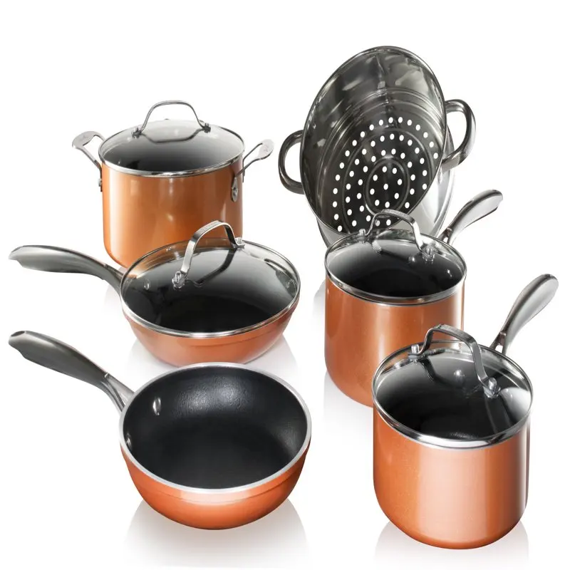 

Copper Cast Pots and Pans Set, 10 Piece Cookware with Nonstick Diamond Surface, Includes Frying Pans, Stock Pots, Saucepans & Mo