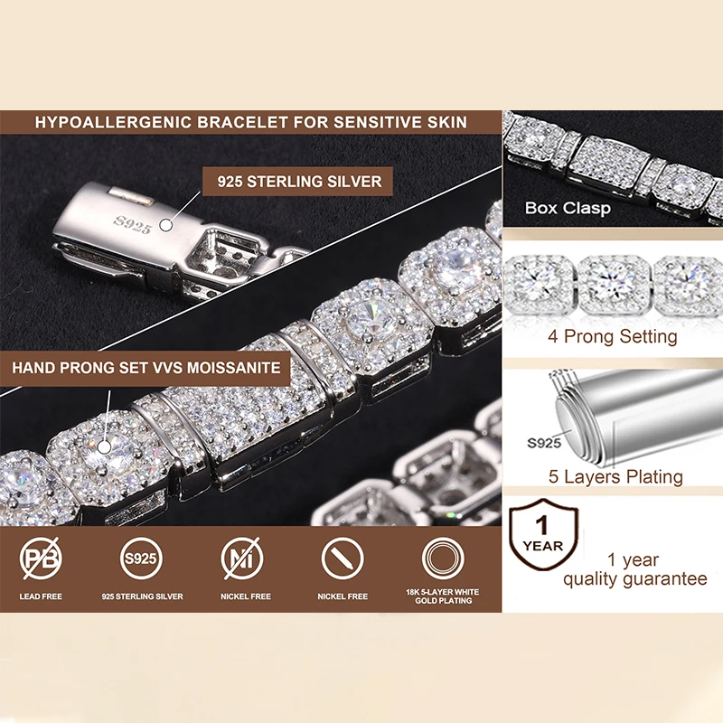 Теннисный браслет Iced Out Moissanite Halo для женщин и мужчин стерлинговое серебро S925