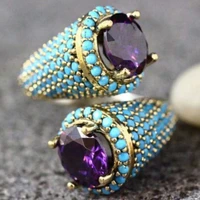 vintage gold color turquoises beaded opening ring for women girls punk gothic party retro purple zircon jewelry gift