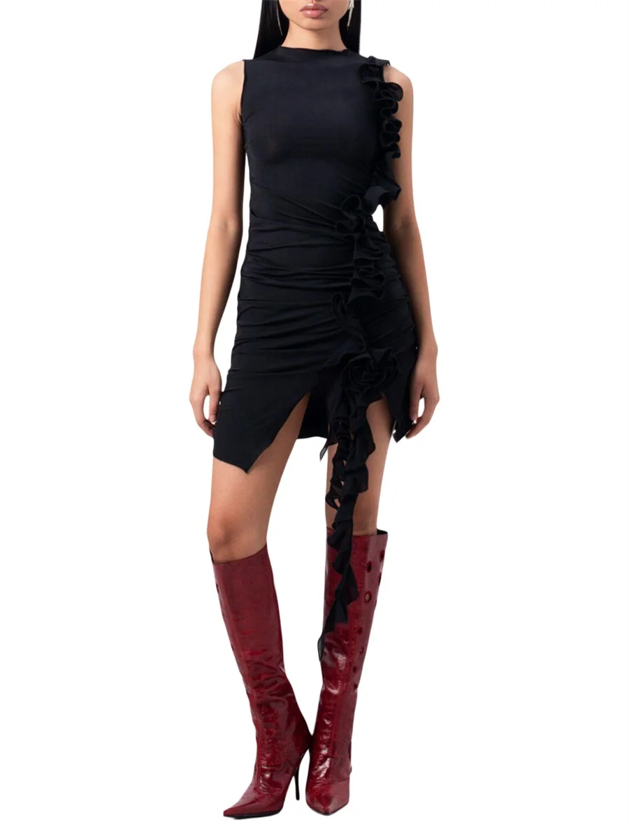 

New Sexy Womens Summer Bodycon Tank Dress Solid Color Sleeveless Round Neck Ruffled Irregular Tassel Hem Short Dress For Party