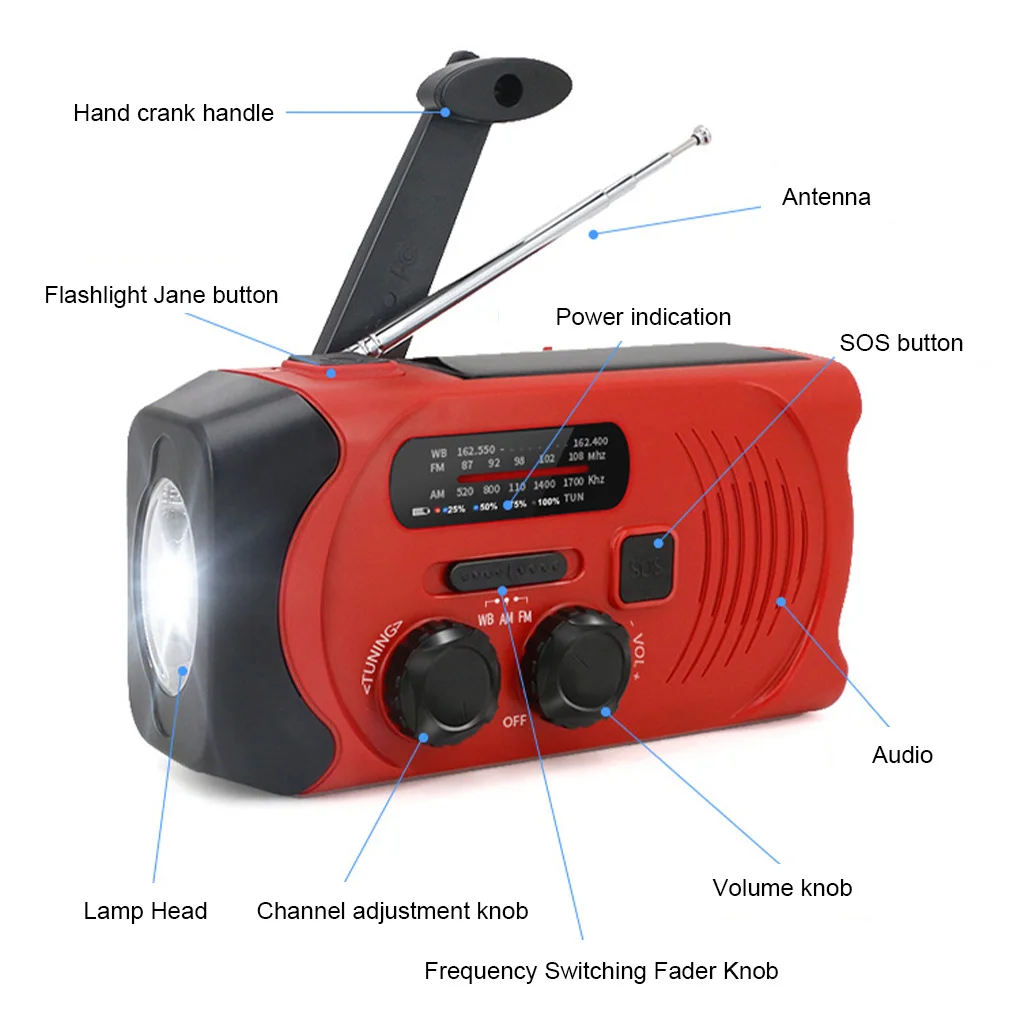 hand crank solar emergency radio phone charger us version multifunctional receiver frequency led flashlight hiking backpacking free global shipping