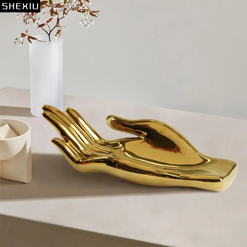 

Golden Hand Palm Ceramic Fruit Plate Desk Decoration Fruits Tray Snacks Candy Plate Storage Basket Room Aesthetics Decor