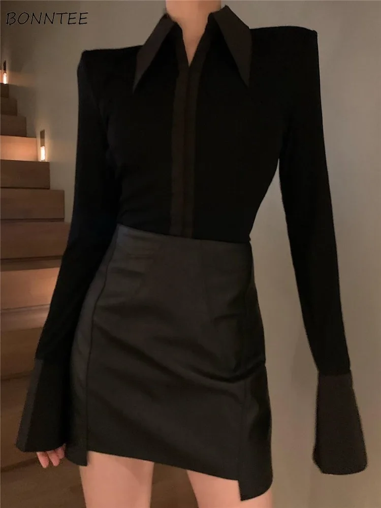 

Flare Sleeve Shirts Women Solid Simple Cool Sexy Basics Leisure All-match Spring Elegant Vintage Charming Korean Style Ladies