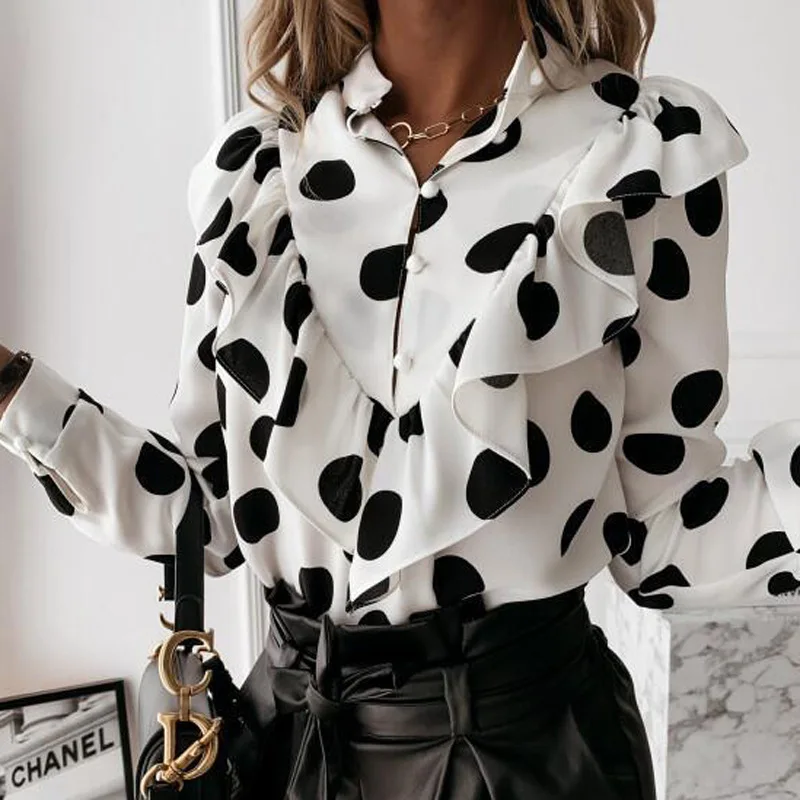 

Женская леопардовая блузка в горошек, Повседневная рубашка с оборками и длинным рукавом, элегантный офисный топ с V-образным вырезом на пуго...