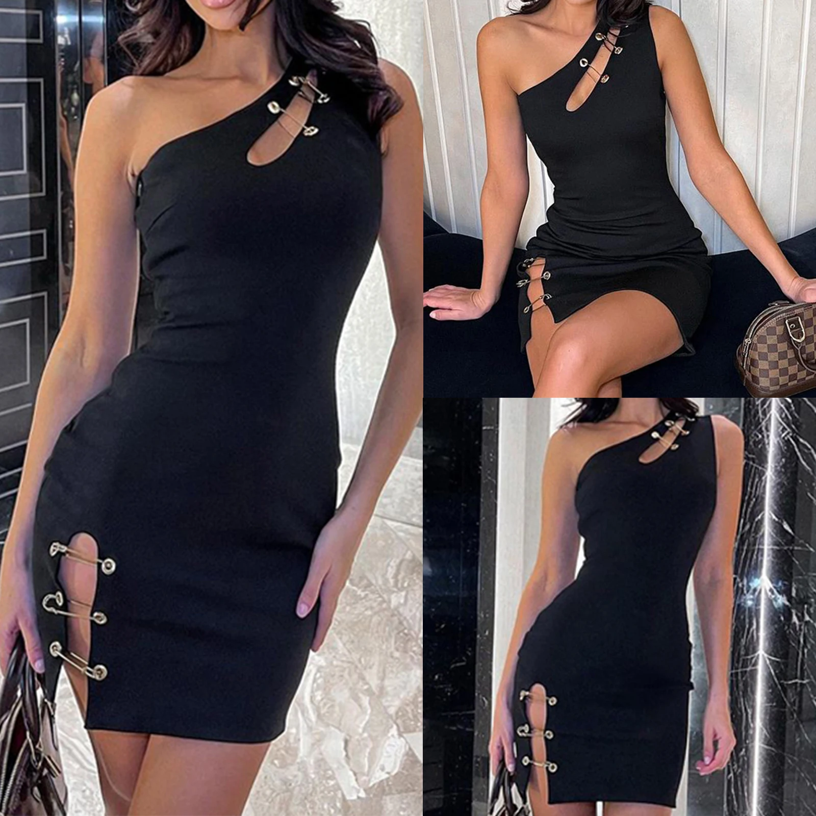 Sexy Sleeveless Backless Pins Slit Bodycon Mini Dress Outfits Women Elegant Club Party Vestido