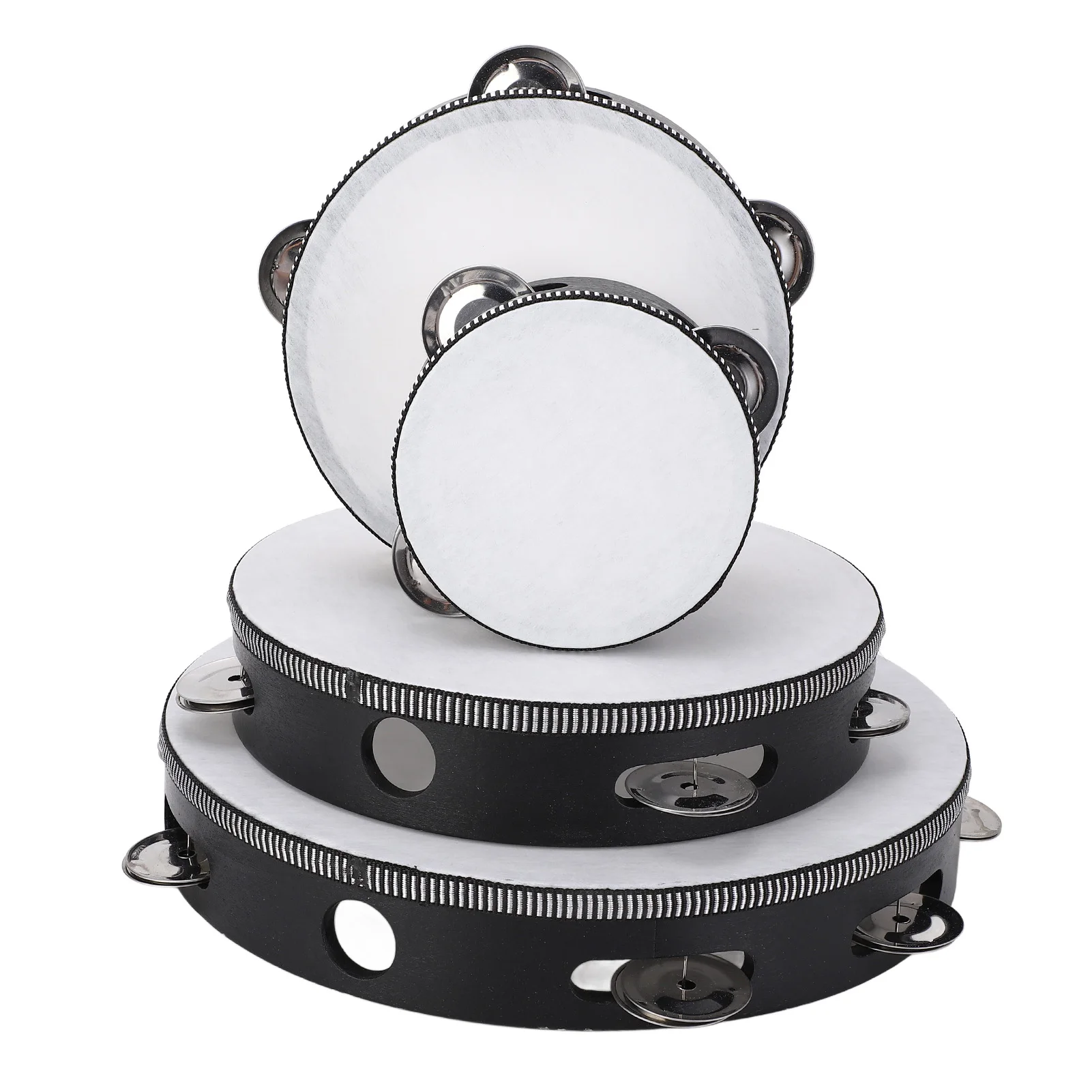 ZK40 4Pcs Tambourine 4in 6in 8in 10in Double Row Metal Jingles Hand Held Drum for Band Kids Black White