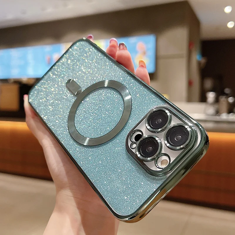 

Luxury Electroplate Lens Film Full Protection Case For iPhone 14Plus 13 12 11 Pro Max Soft Glitter Magsafe Wireless Charge Cover