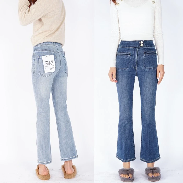 22 Fashion Classic luxury design NEW Early Spring Medium High Waist Double Buckle Waistband Micro Flare Cropped Jeans Female