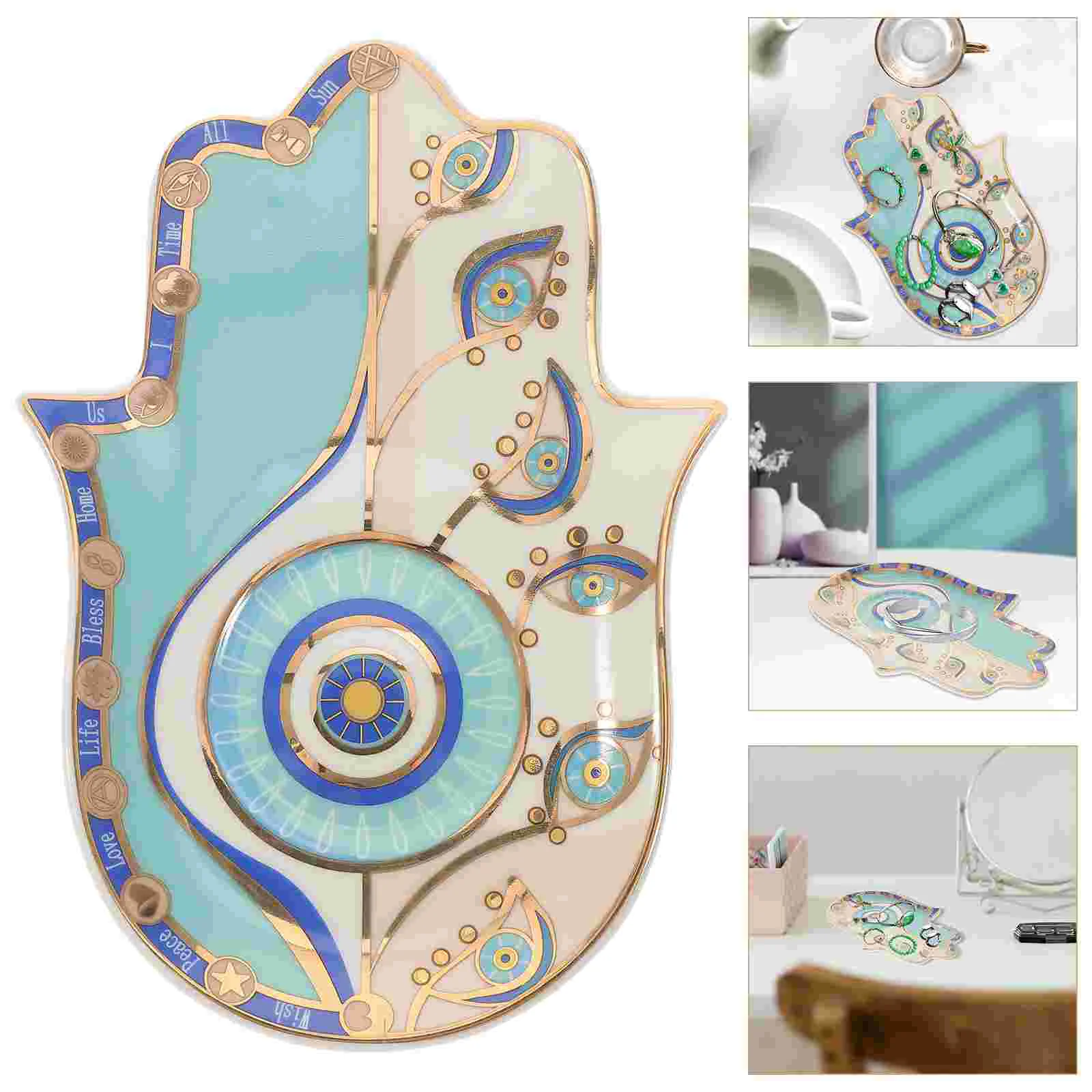 

Jewelry Dish Tray Eye Plate Evil Hamsa Ring Trinket Hand Holder Serving Platter Extra Large Organizer Ceramic Blue Necklace
