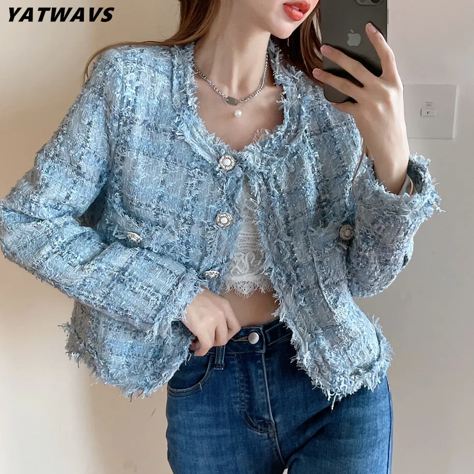 

2023 Small Fragrance Women Tweed Outerwear Spring Autumn Single Breasted Tassel Blends Wool Female Long Sleeve Jacket Coat Top