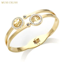 muse crush charm hollow tree of life bracelets stainless steel gold color crystal bangle for women wedding engagement jewelry