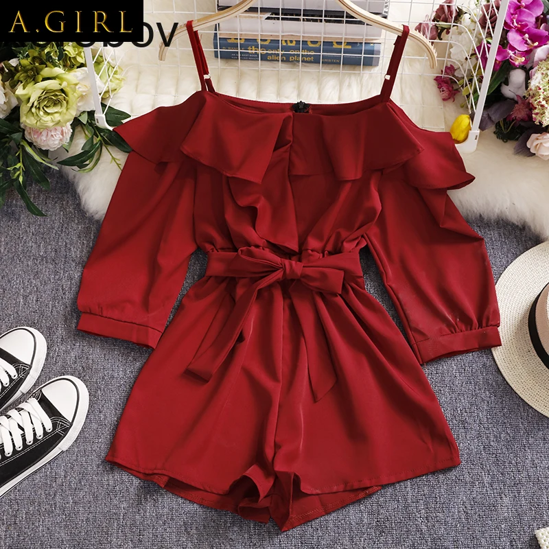 A GIRLS 2020 Spring Summer New Chic Women Playsuits Sexy Off Shoulder Elegant Ruffles Solid Jumpersuits Lace Up Bow 79587