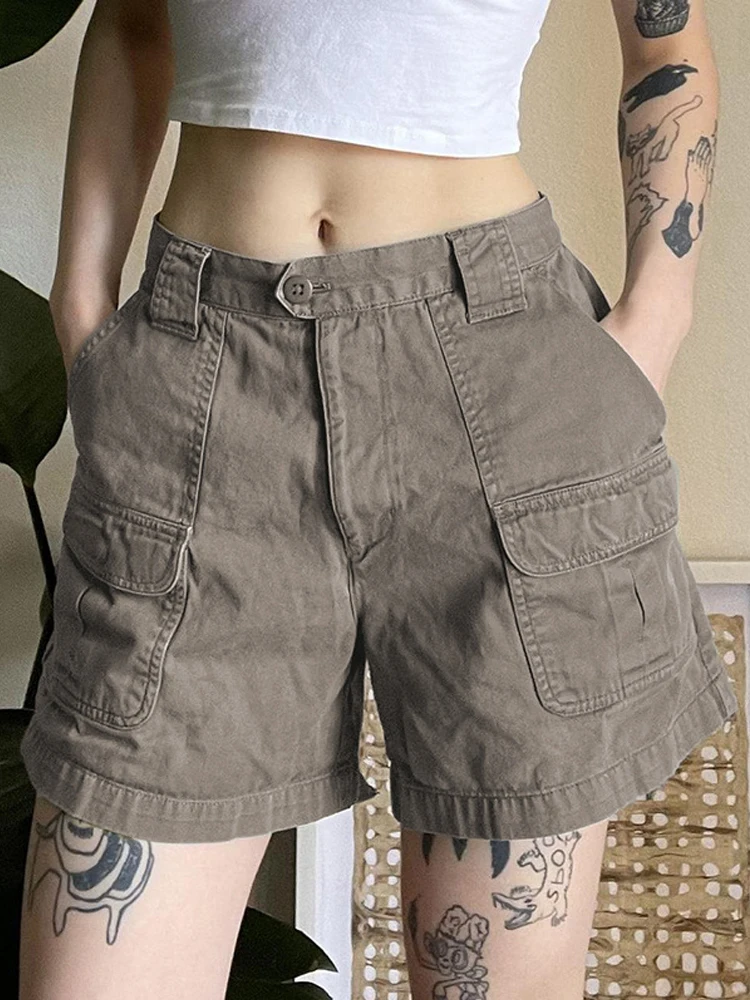 

Шорты y2k женские с карманами, винтажные Простые повседневные штаны с завышенной талией в стиле Харадзюку, домашняя одежда, серого цвета, на лето