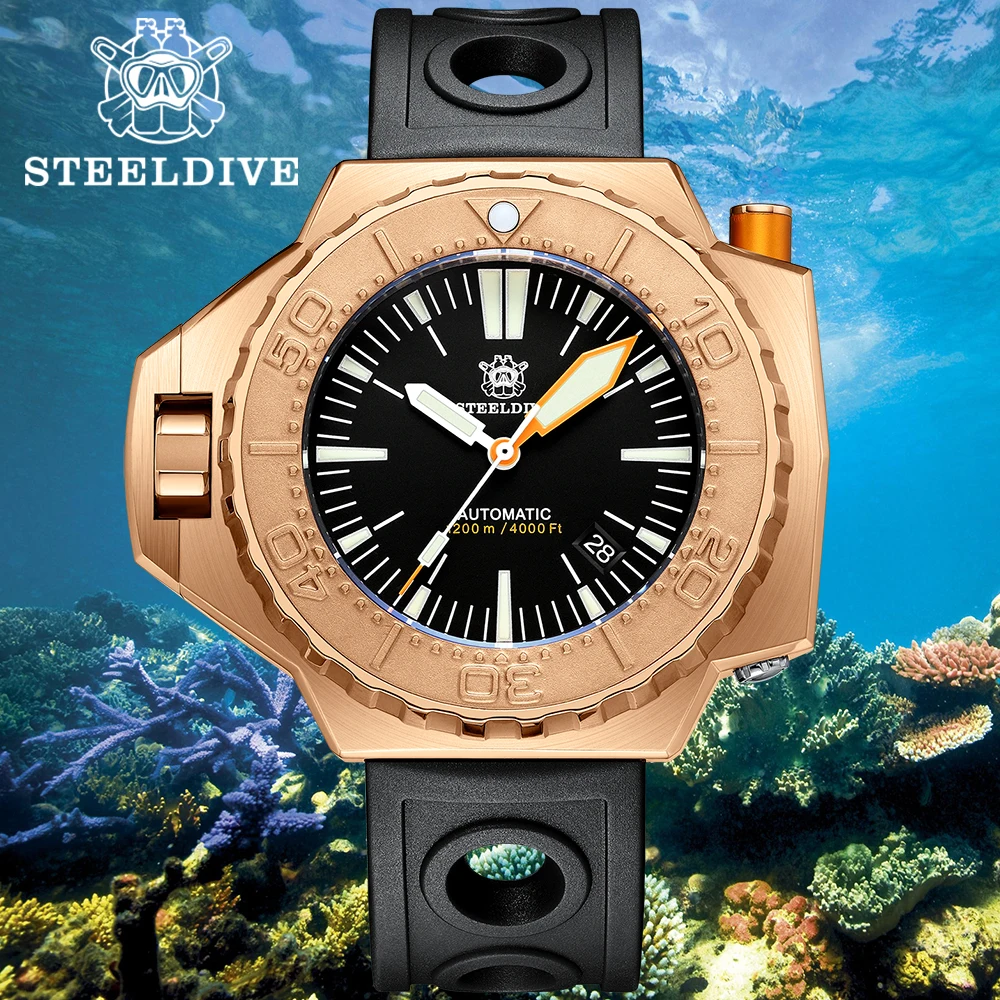

Часы STEELDIVE SD1969S мужские с бронзовым ремешком, водонепроницаемые до 1200 м