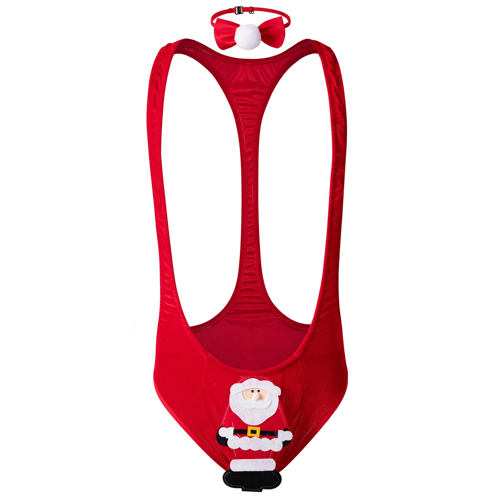 

Mens Christmas Red Thong Bodysuit Xmas Gift Festival Cosplay Costume Velvet Dolls Bulge Pouch Jumpsuit with Adjustable Bow Tie