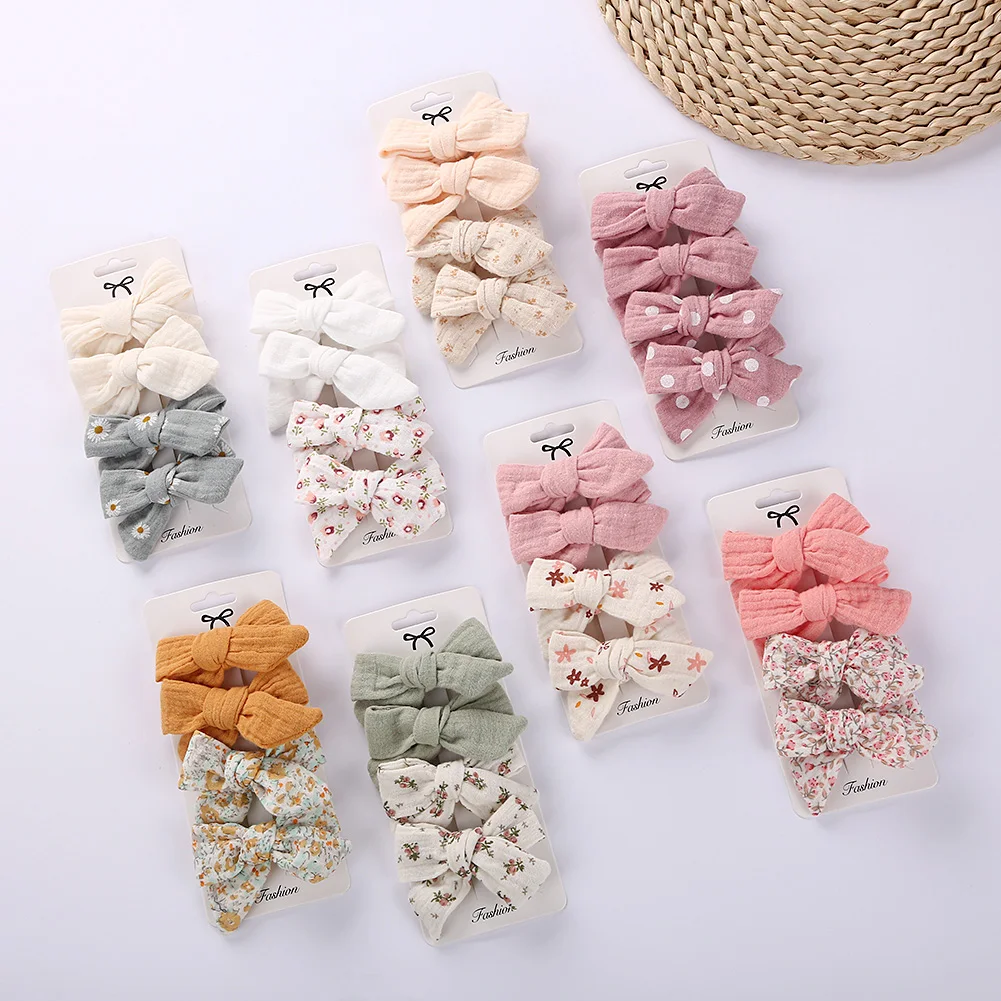 4Pcs/Set Baby Bows Hair Clips Muslin Girls Hairpins Hairclip For Kids Cotton Linen Barrette Flower Print Side Pin Accessories