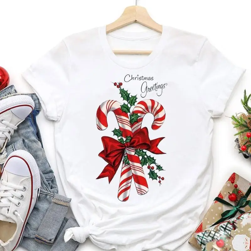 

Happy Time Cute 2022 Merry Christmas Women Trend Graphic T-shirts Holiday Tshirt New Year O--neck Cartoon Top Travel Tees