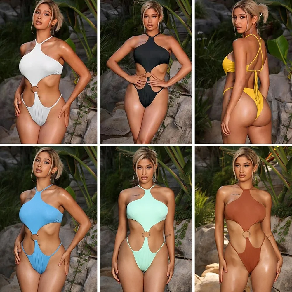 

Слитный женский купальник Nighpha, купальник для девушек, Женское боди 2022, однотонные купальные костюмы-бандо, монокини с лямкой на шее и открыт...