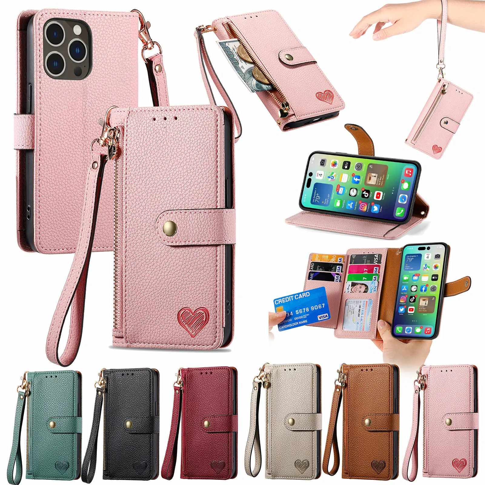 

Love Zipper Leather Cover for iPhone 13 12 Mini 14 11 Pro XS Max XR X 7 8 Plus SE 2020 2022 Hand Strap Card Slot Wallet Case