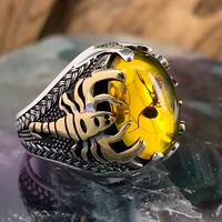 turkish style big oval natural agate stone ring for men retro inlaid yellow zircon ant scorpion ring women wedding band jewelry