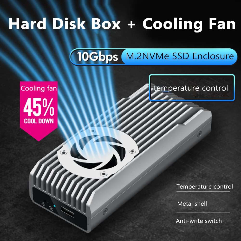 10Gbps M.2 SSD Enclosure Built-in Cooling Fan Metal SSD Case Write Protection Solid State Drive Case Support 2230 2242 2260 2280