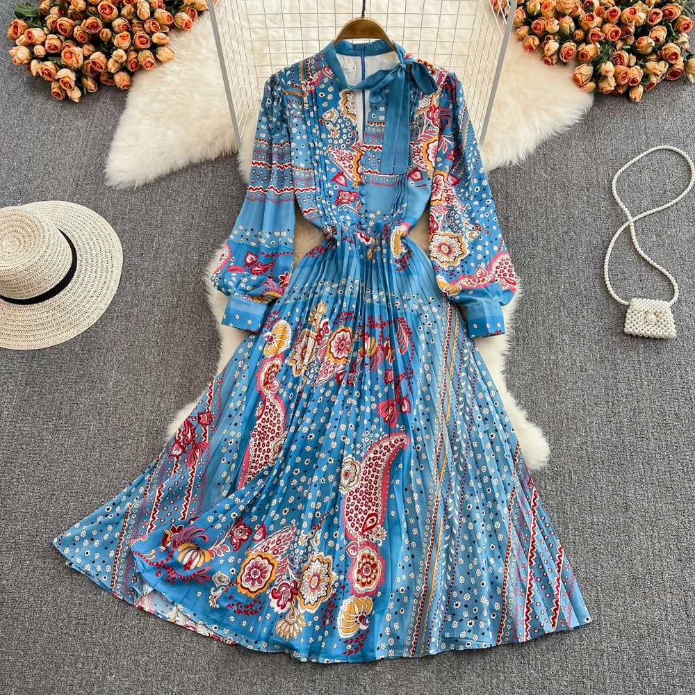 

Fashion Celebrity Temperament Stand Collar Bow Tie Tie High Waist Slim Print Dress Elegant Temperament Big Swing Dress