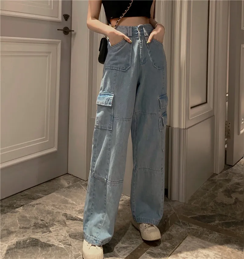 Woman Casual High Waisted Blue All-match Jeans Straight Slim Vintage Wide Leg Denim Pants with Pocket Office Lady Cargo Pants