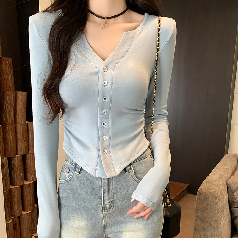 Новые сексуальные футболки с v-образным вырезом и длинными рукавами женская