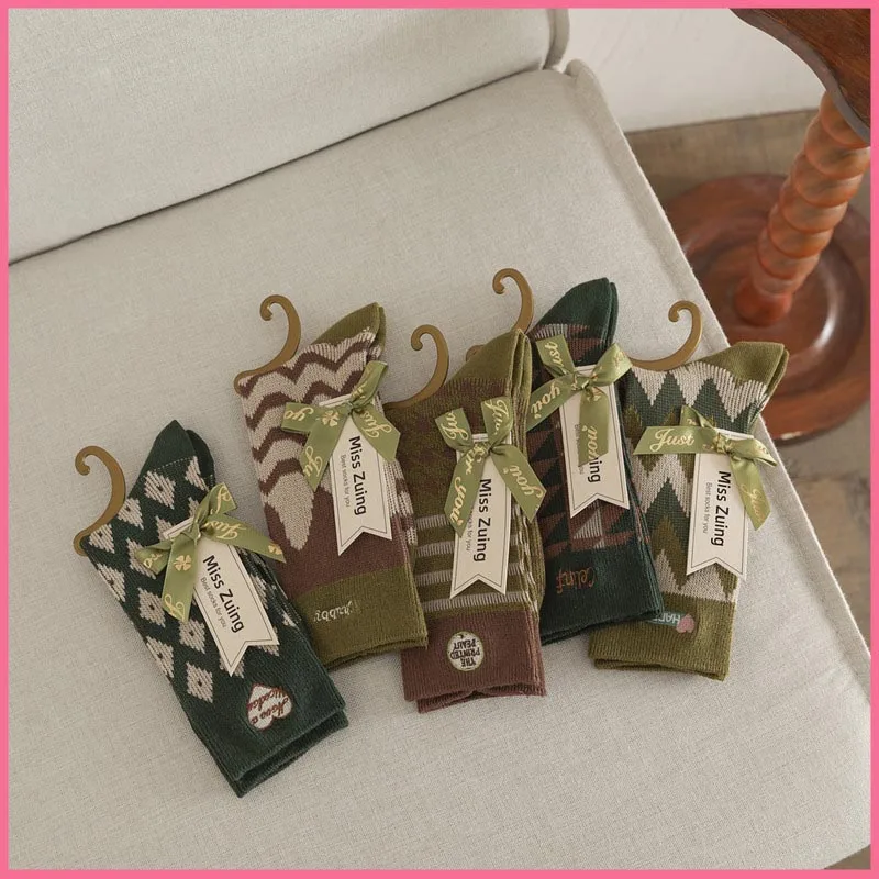 Женские носки с двойной иглой Новые осенне-зимние Дышащие средней длины зелеными