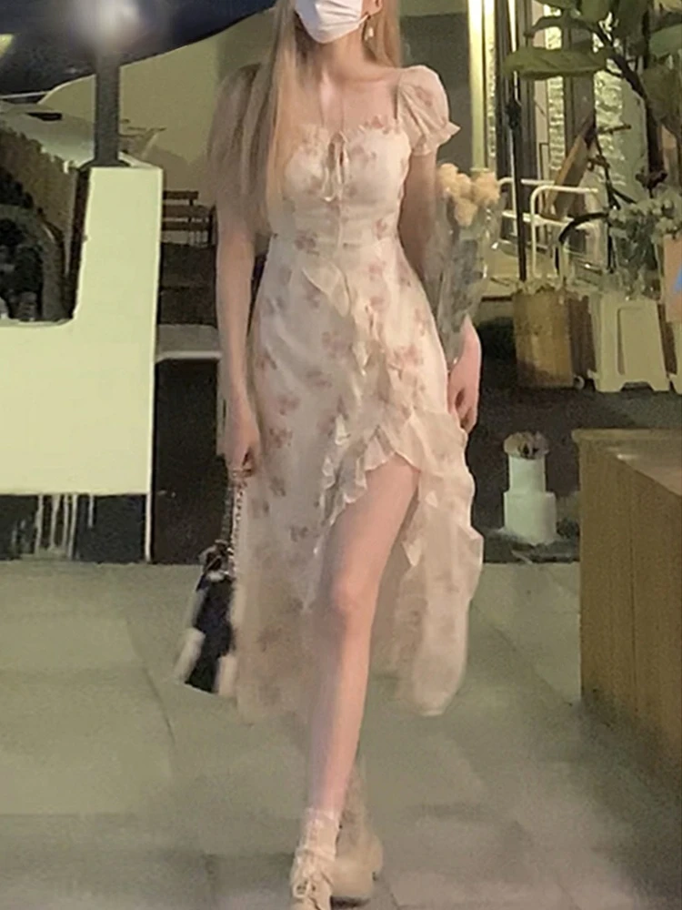 

Floral Elegant Short Sleeve Dress Woman Casual 2022 Summer Sexy Party One Piece Dress Korean Fashion Beach Vintage Midi Dress