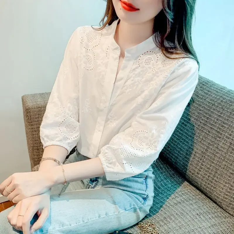 Модная облегающая женская блузка Новинка весна-лето белая рубашка с вышивкой