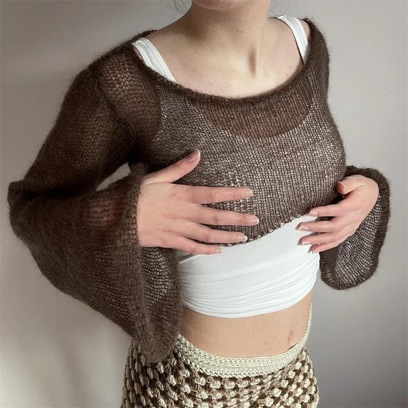 

2022 New Solid Knitted Crop Top Sun Protetcion Breathable y2k T Shirt O Neck Long Sleeve Smock Top Retro Basic Fashion Tee Chic