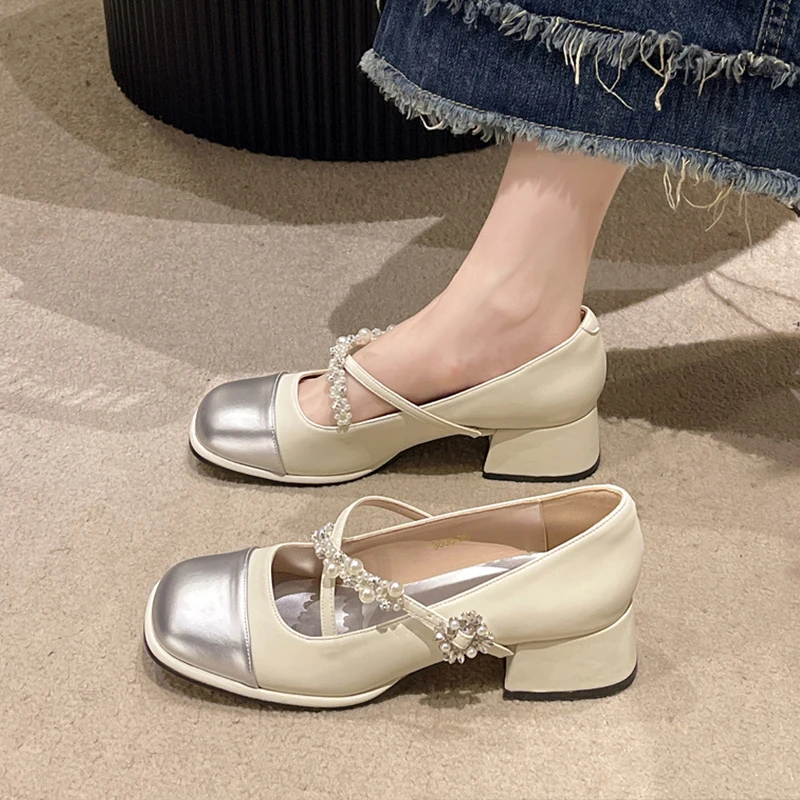 

Round Toe Korean Shoes Women's Heels Crystal Female Footwear Pearl Decorateion Casual Sneaker 2023 On Heels Rhinestone New Dress