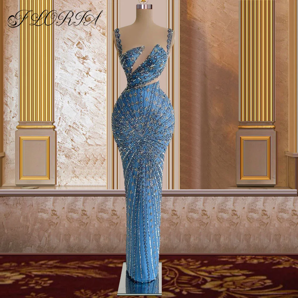 

Luxo Spaghetti Strap Blue Mermaid Evening Dresses Heavy Handmade Beads Crystal Floor Length Ceremony Pageant Gown Plus Size