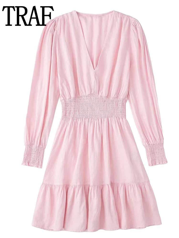 

TRAF Pink Pleated Mini Dress Woman Ruffle Summer Dress Women 2022 Long Sleeve Casual Woman Dresses Elastic Waist Female Dress