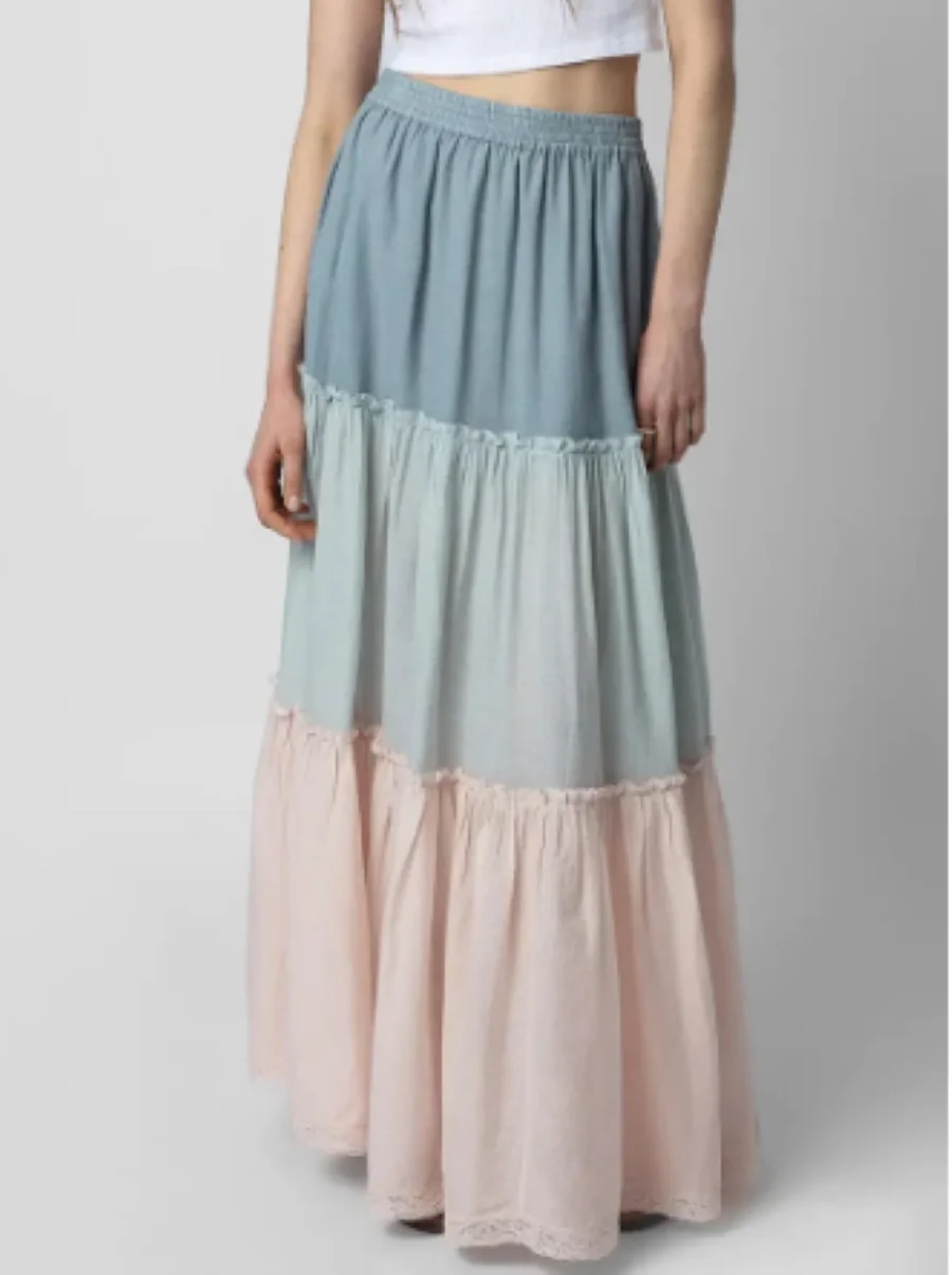 

Women Color Patchwork Lace Trim Elastic Waist Pockets Holiday 2023 Summer Midi Skirt