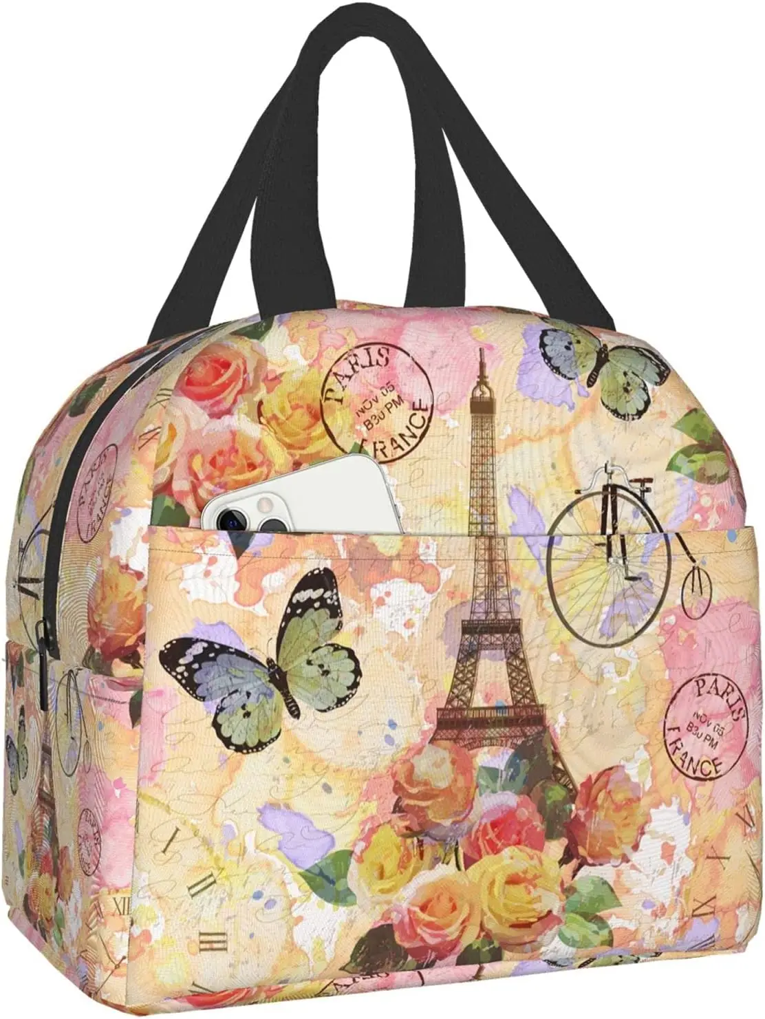 

Paris Eiffel Tower Butterfly And Flowers Lunch Bag Compact Tote Bag Reusable Lunch Box Container For Women Men School Work
