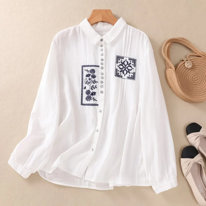 

Embroidery Women's Shirts Cotton Linen Vintage Blouses Summer 2023 New Floral Clothing Loose Fit Long Sleeves Tops