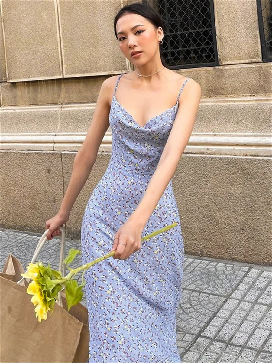 

Летнее милое платье-миди wsevypo на бретелях-спагетти с цветочным принтом, летнее праздничное повседневное женское платье-слинг с воротником х...