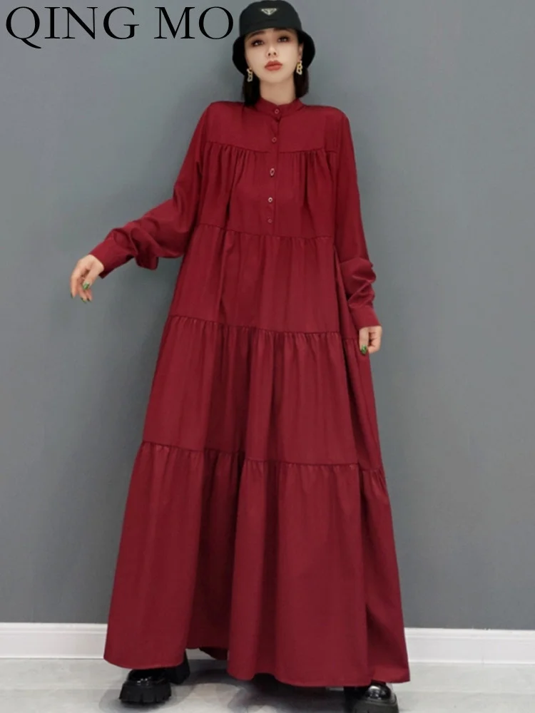 QING MO 2023 Spring Summer New Full Sleeve Dress Cotton Linen Shirt Loose Cake Dress Women Streetwear ZXF1161
