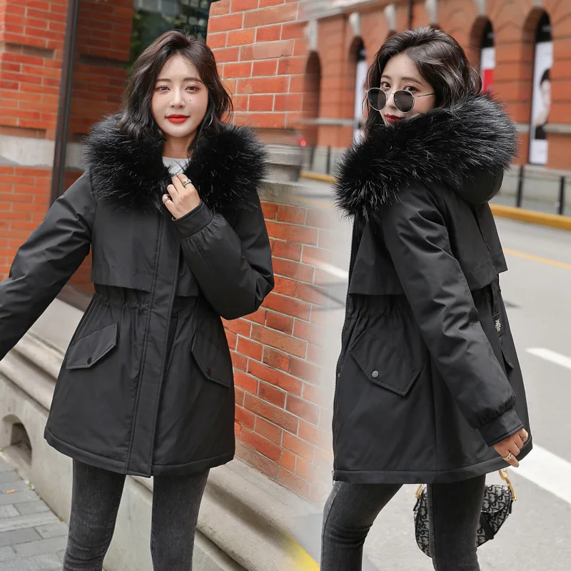 Women Parkas Long Sleeve with Fur Collar Warm Snow Wear Padded Fashion 2022 New Hooded Coat Winter Jacket  Houthion