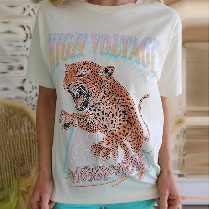 

Women's 2022 Fashion New Loose Leopard Letter Print Round Neck Short Sleeve T-Shirt Ladies Casual Top SJ515
