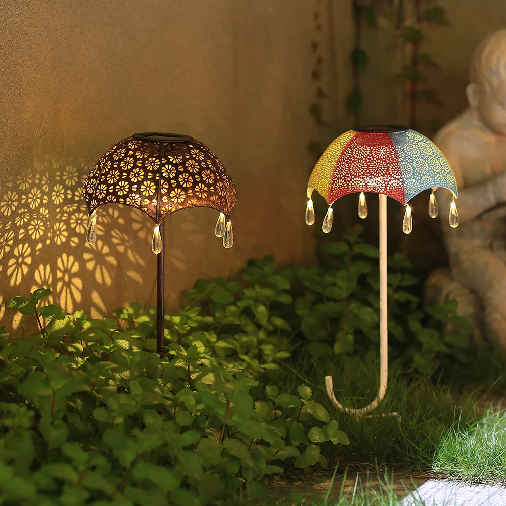

Садовые фонари на солнечной батарее, уличные водонепроницаемые художественные светильники с зонтиками из кованого железа, с разъемом, деко...