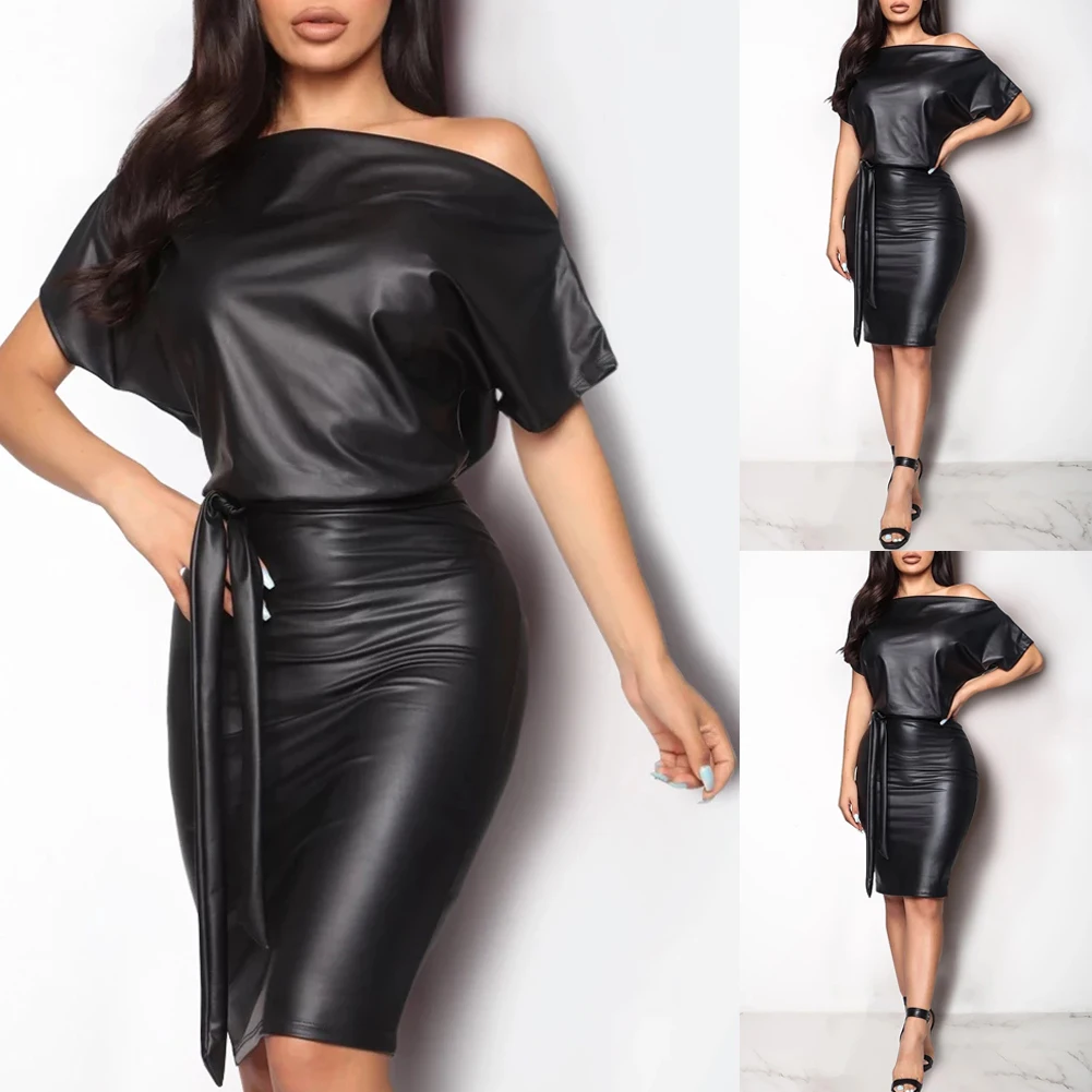 

Cacocala 2023 Women Faux PU Leather Slash Dress Off Shoulder Dress High Elasticity Sheath Dress Bodycon Faux Leather Dresses